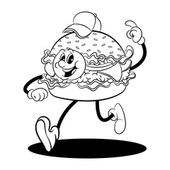 Funny Hamburger Mascot Character running and show directions Coloring Book Cartoon Vector