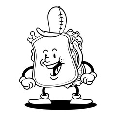 Funny Toast Mascot Characters wearing cap, healty food for breakfast coloring book cartoon vector