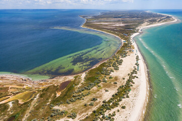 Fototapeta premium aerial view to long island between two sea with copy space