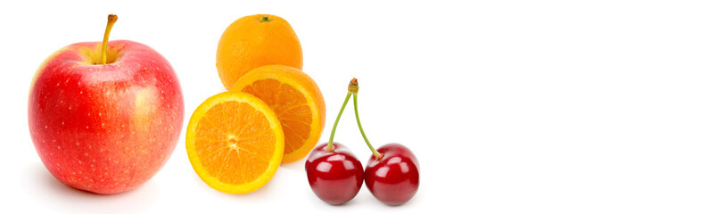 Fruits and berries isolated on a white . Collage. Wide photo. Free space for text.