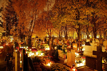 Gdansk, Poland - November 1 2011 : Cemetery in Nowy Port on All Saints' Day. Lights and flowers on...