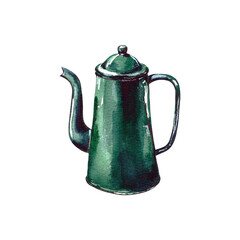 Watercolor illustration.antique green enameled coffee pot. metal retro tableware. Isolated on a white background.