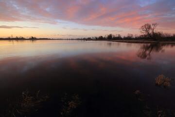 Colorful sunset by the Odra River, Poland.