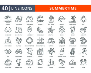 Summer lines icon set. Summertime vacation, beach thin icons element for web