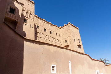 Exterior of the mud brick Kasbah of Taourirt, Ouarzazate, Morocco. Unesco World Heritage Site