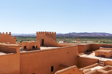 Exterior of the mud brick Kasbah of Taourirt, Ouarzazate, Morocco. Unesco World Heritage Site
