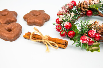 Christmas gingerbread cookies with a Christmas wreath. Pre-celebration of Christmas. Bright Christmas or New Year