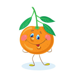 Funny mandarin. In a cartoon style. Isolated on white background. Vector flat illustration.