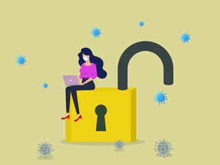a woman using a laptop sitting on a padlock. Unlock or reopen COVID-19 Coronavirus lockdown, restart business as usual to restore economic recession after Coronavirus crash concept.