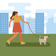 young woman walking with pet practicing activity character