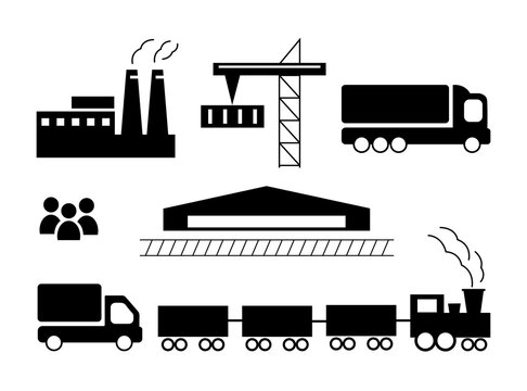 Set elements of industrial logistics and trucking illustration. Hand drawn vector icons for business, web design, logo, infographic, cards, and professional design.