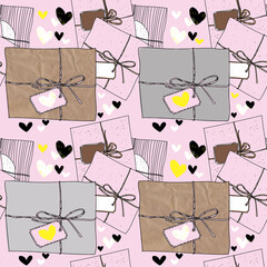 Seamless pattern with gifts and boxes. Cute pattern. Drawing by hand.