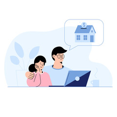 Young couple sitting at home choosing a suitable house mortgage option in a laptop. Man and woman select house to buy, rent, bank to approve mortgage. Flat design home loan concept vector illustration