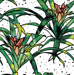Seamless pattern with tropical flowers. Drawing by hand in vintage style. Stylish background with plants.