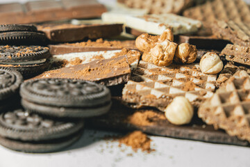 heap of chocolate, round biscuit with toppings, hazelnuts and cashews and faffles. All sprinkled with cocoa. World Chocolate Day.