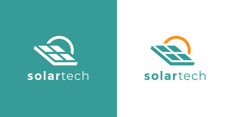 Solar tech company logo icon template. Solar panel and sun sign. Alternative natural power business emblem. Renewable energy symbol. Vector illustration.