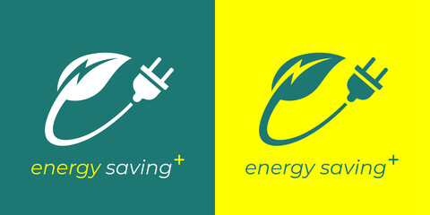 Renewable green energy saving logo icon. Abstract electrical charge bolt leaf and power plug sign. Sustainable eco electricity company symbol. Vector illustration.
