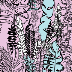Seamless pattern of tropical plants. Drawing by hand, children's drawing. Stylish summer background in vintage style. Children's drawing.