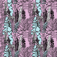 Seamless pattern of tropical plants. Drawing by hand, children's drawing. Stylish summer background in vintage style. Children's drawing.