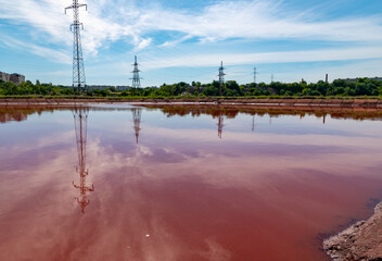 Fototapeta na wymiar Ukraine, Krivoy Rog, abandoned Red Lakes designed for cleaning water after closed type mining production. 