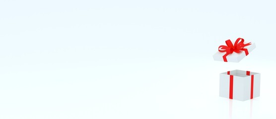 Christmas and New Year's Day. Blank Open gift box or present box with red ribbon bow isolated pastel blue, white background with shadow. 3d rendering