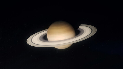 Space view of planet Saturn with two of icy moons