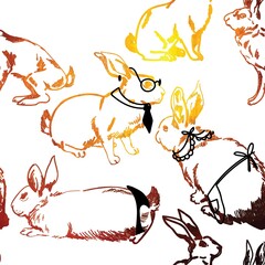 Seamless pattern with bunnies and hares. Cute background. Freehand drawing in vintage style.
