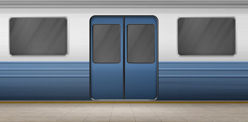 Subway door, metro train on empty station platform with tiled floor, underground carriage exterior with closed doorway and windows. Metropolitan railroad, railway. Realistic 3d vector illustration © klyaksun