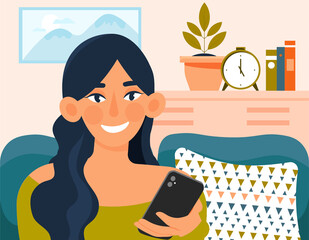 Young pretty woman relaxing indoors with smartphone. Daily life concept. Vector illustration.