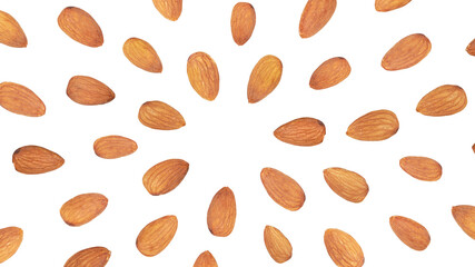 Almond flying in circles around copy space, isolated on white