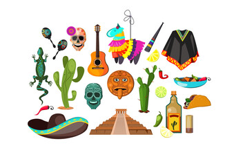 Mexican attributes illustration. Cloth, accessory, national style. Ethnography concept. illustration can be used for topics like Mexica, adventure, trip