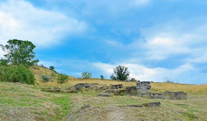 View of ruins with trees on a hill