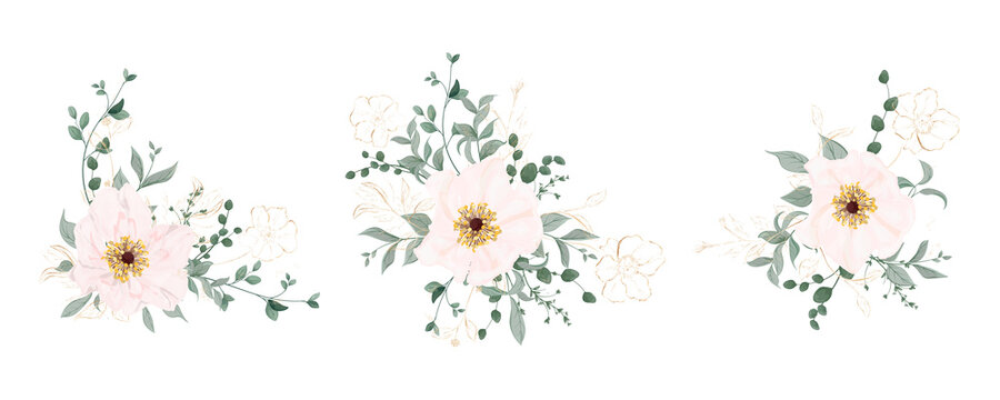 Set bouquets with leaves and flowers, watercolor, isolated on white. Vector Watercolor.
