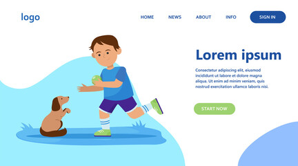 Little boy playing with dog. Pupil, puppy, ball flat vector illustration. Animals and childhood concept for banner, website design or landing web page