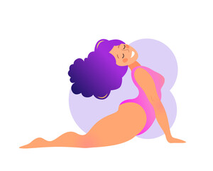 Plus size curvy lady doing yoga class. Vector illustration isolated on white. Online home workout concept. Bodypositive. Attractive overweight woman. Upward-Facing Dog Pose or Urdhva Mukha Shvanasana.