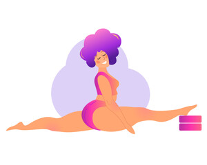 Plus size curvy lady doing yoga class. Vector illustration isolated on white. Online home workout concept. Bodypositive. Attractive overweight woman. Split, Monkey Pose or Hanumanasana