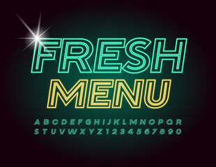 Vector healthy sign Fresh Menu. Green Electric Font. Neon creative Alphabet Letters and Numbers