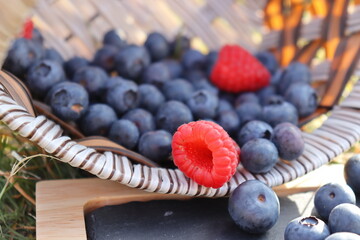 Scattered blueberries and raspberries