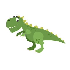 Cartoon dinasaur t-rex. Flat cartoon style tyrannosaurus drawing. Best for kids dino party designs. Prehistoric Jurassic period character. Vector illustration isolated on white.