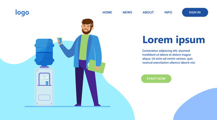 Man drinking water at cooler. Office employee, worker, work break flat vector illustration. Beverage, refreshment, watercooler concept for banner, website design or landing web page