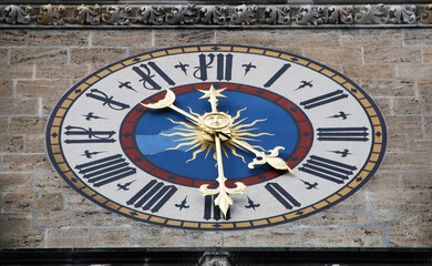 The big clock of the city hall at Marienplatz. Munich, Germany