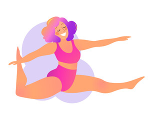 Obraz na płótnie Canvas Plus size curvy lady doing yoga class. Vector illustration isolated on white. Online home workout concept. Bodypositive. Attractive overweight woman. Split, Monkey Pose or Hanumanasana