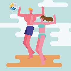 young couple wearing swimsuits playing volleyball characters