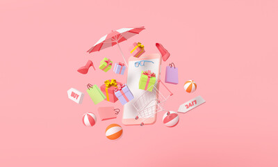 Online Mobile Shopping concept. gift, beach ball, umbrella, shoe, sunglasses and shopping cart, online store background for advertising, banner, brochure and web template. 3D rendering