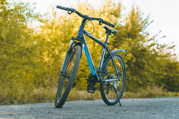 Sport blue bisycle standing in park.