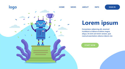 Robot winning golden cup. Award, celebration, cyborg flat vector illustration. Technology and contest concept for banner, website design or landing web page