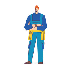 Handyman services concept. Repair master with a tool belt. Young man in blue jumpsuit uniform isolated on white background