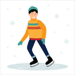 The boy is skating on the ice. Winter fun.