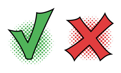 Do and Don't icons, vector elements in comic book style. Check mark and cross, used to indicate rules of conduct or response versions. © Anna