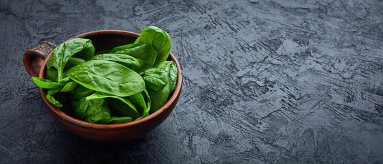 Spinach in the bowl on the dark background. Washed fresh mini spinach, green grass, vitamins salad.